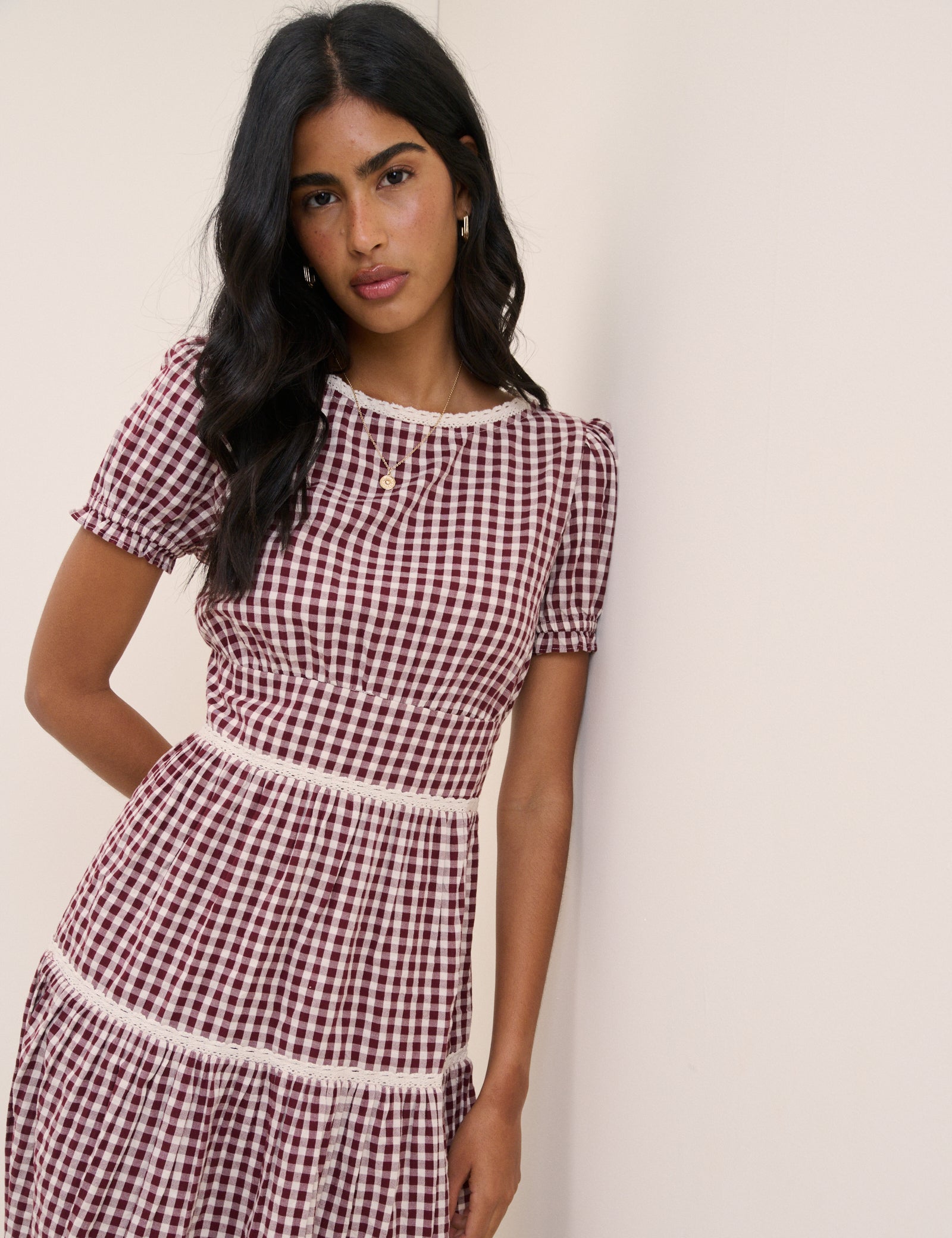 Green Gingham Lace Trim Dara Midi Dress